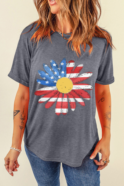 Camiseta con cuello redondo y estampado de girasol con diseño de bandera gris