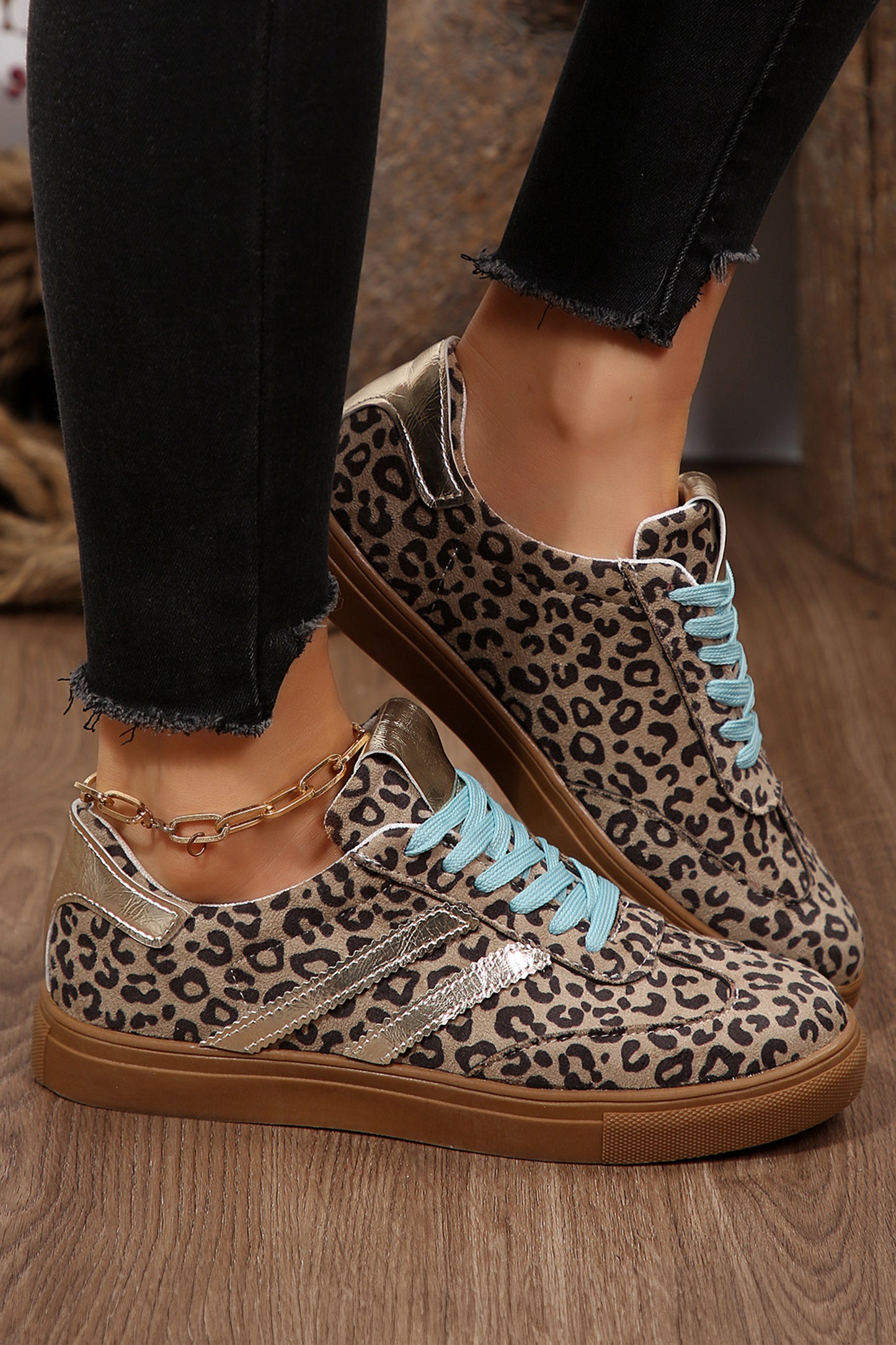 Coffee Faux Suede Leopard Print Sleek PU Leather Detail Lace Up Sneakers - Snoopy's Closet