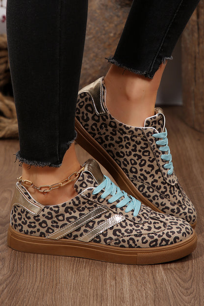Coffee Faux Suede Leopard Print Sleek PU Leather Detail Lace Up Sneakers - Snoopy's Closet