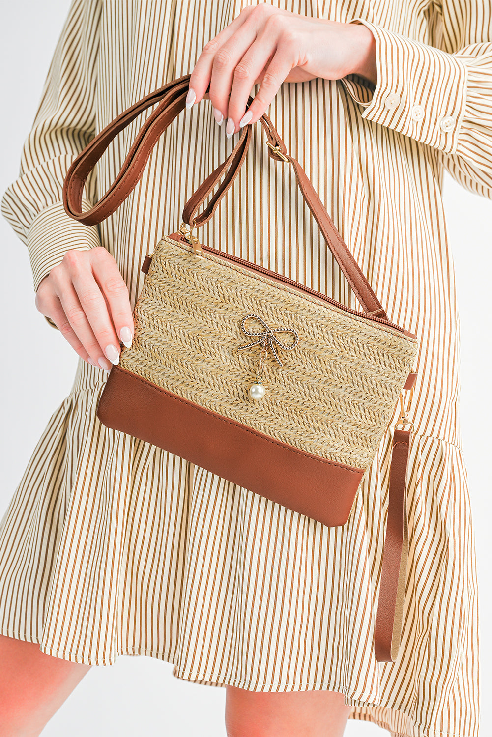 Beige Bow Pearl Decor Straw PU Leather Patched Crossbody Bag - Snoopy's Closet