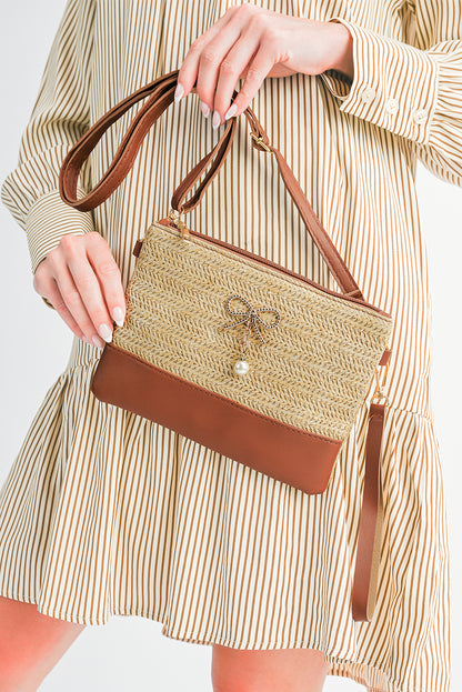 Beige Bow Pearl Decor Straw PU Leather Patched Crossbody Bag - Snoopy's Closet