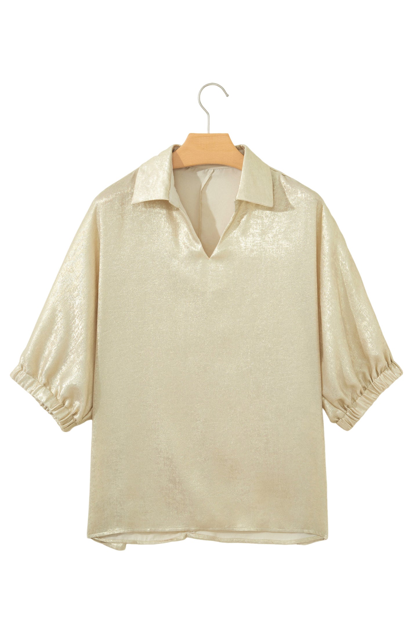 Beige Collared V Neck Half Sleeve Metallic Top