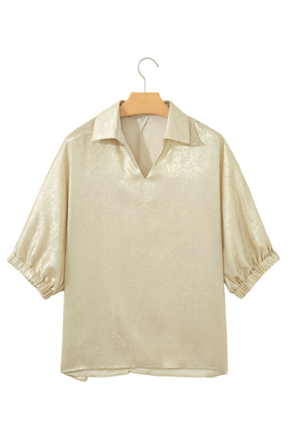 Beige Collared V Neck Half Sleeve Metallic Top