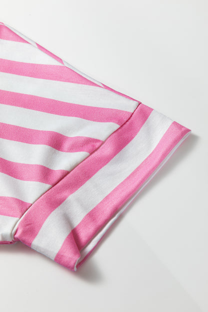 Pink Stripe V Neck Patched Pocket Casual T Shirt - Snoopy's Closet