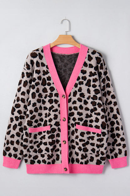 Khaki Oversize Color Block Trim Button Down Leopard Print Cardigan - Snoopy's Closet