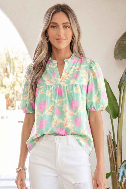 Green Short Bubble Sleeve Summer Floral Blouse