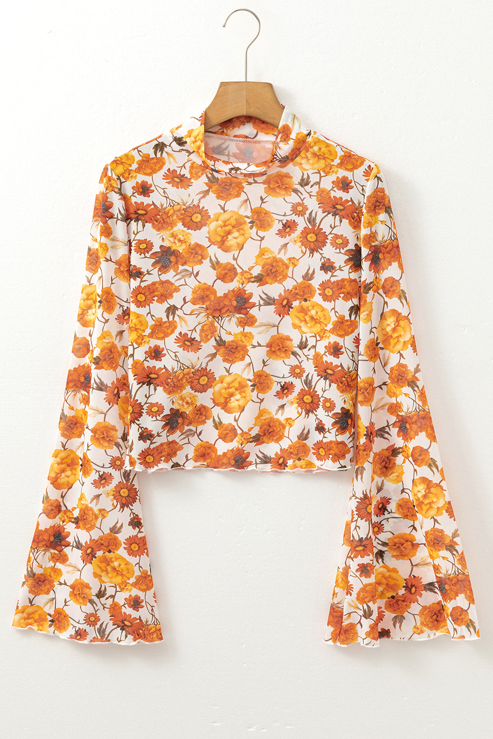 Orange Floral Printed Bell Sleeve Mock Neck Scallop Trim Blouse - Snoopy's Closet