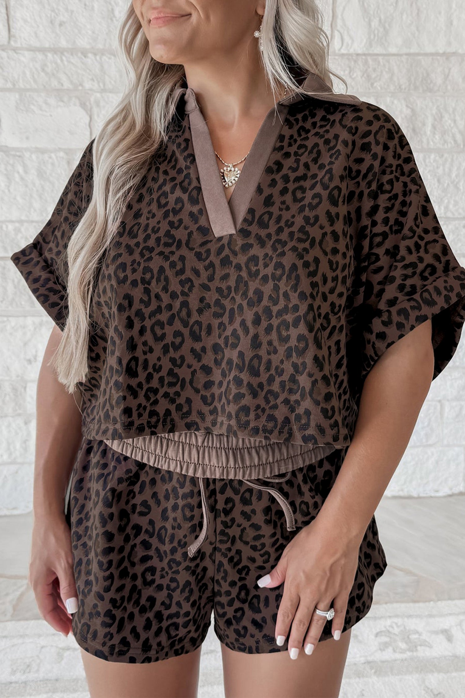Brown V Neck Collar Leopard Printed 2pcs Short Set - Snoopy's Closet
