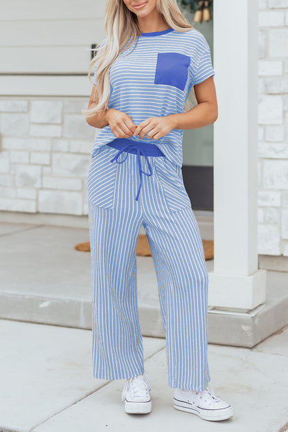 Sky Blue Stripe Crew Neck Tee Drawstring Waist Cropped Pants Set - Snoopy's Closet
