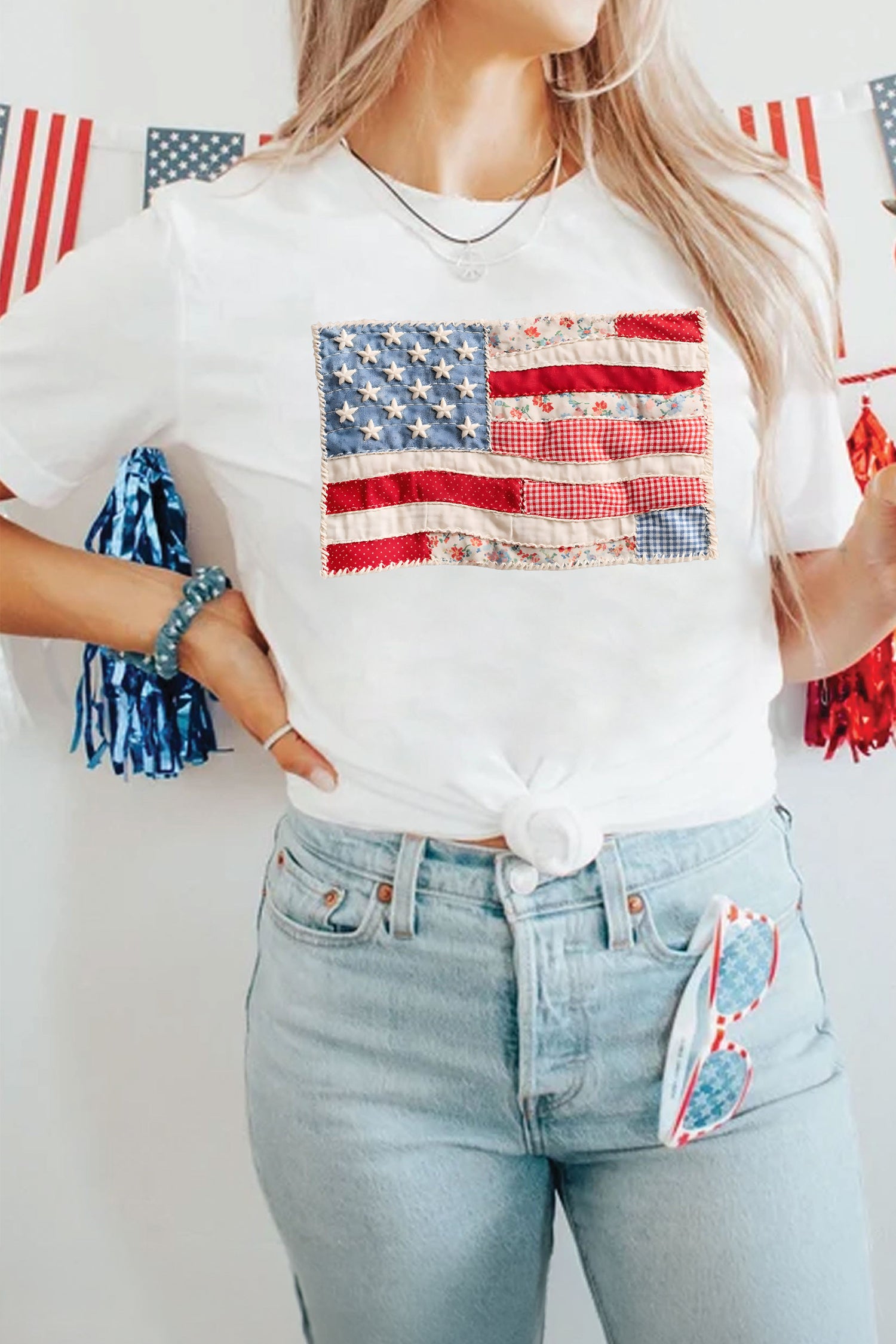White Faux Patchwork Printed US Flag Casual Tee