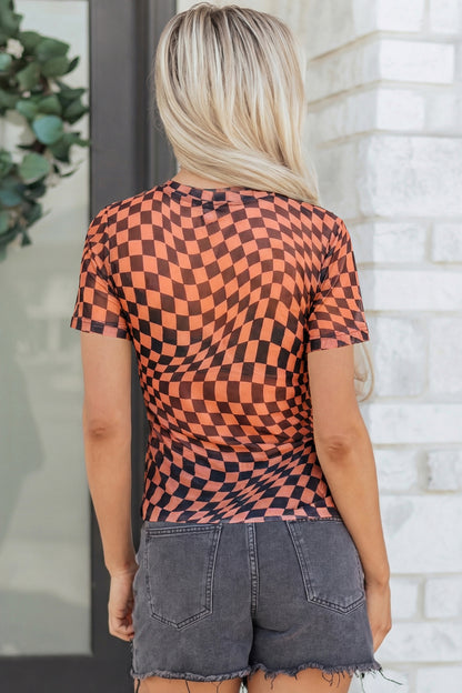Orange Checkered Print Crew Neck Mesh T Shirt - Snoopy's Closet