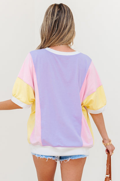 Purple Color Block Patchwork Half Sleeve Oversized T Shirt - Snoopy's Closet