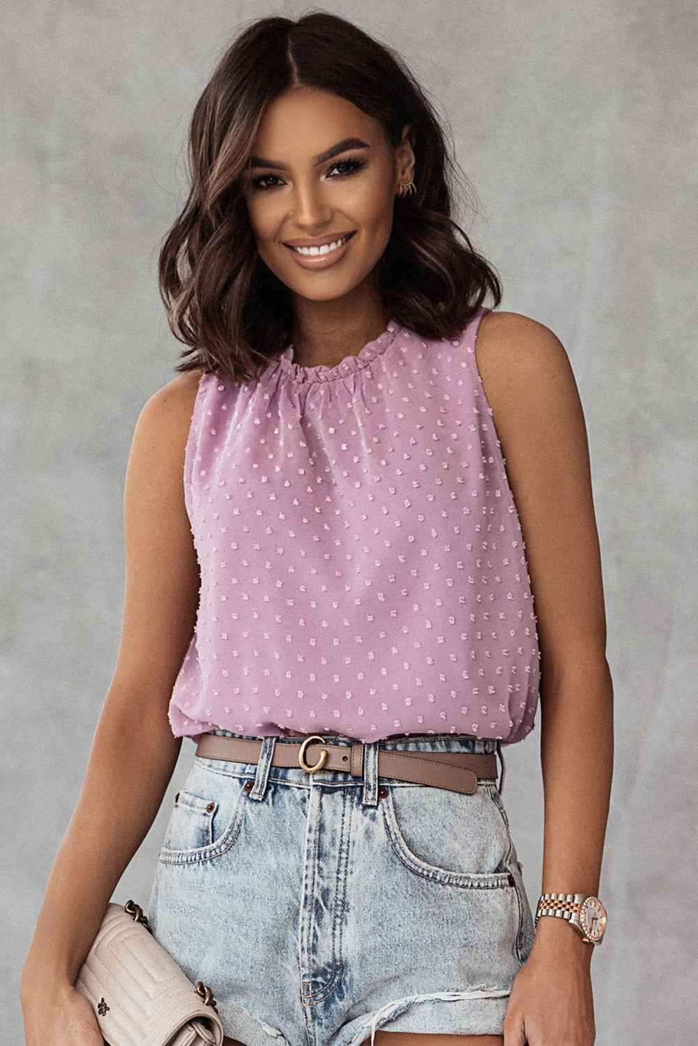 Pink Swiss Dot Sleeveless Ruffle Tank