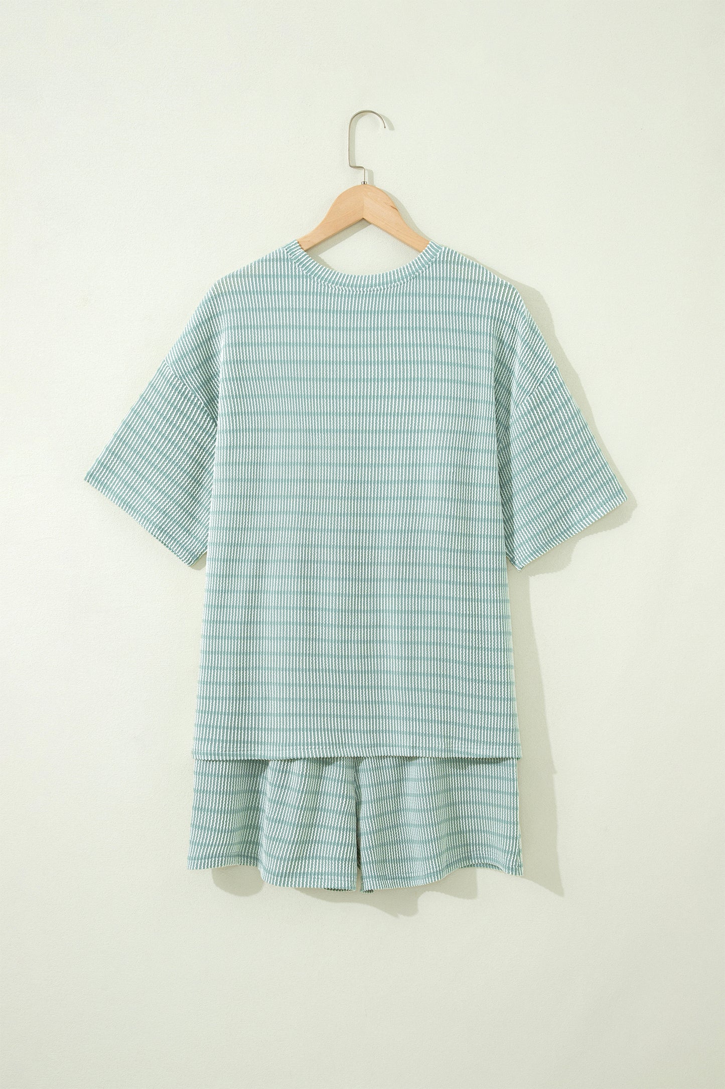 Green Stripe Raised Rib Loose Tee Drawstring Elastic Waist 2pcs Short Set