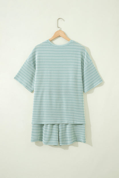 Green Stripe Raised Rib Loose Tee Drawstring Elastic Waist 2pcs Short Set