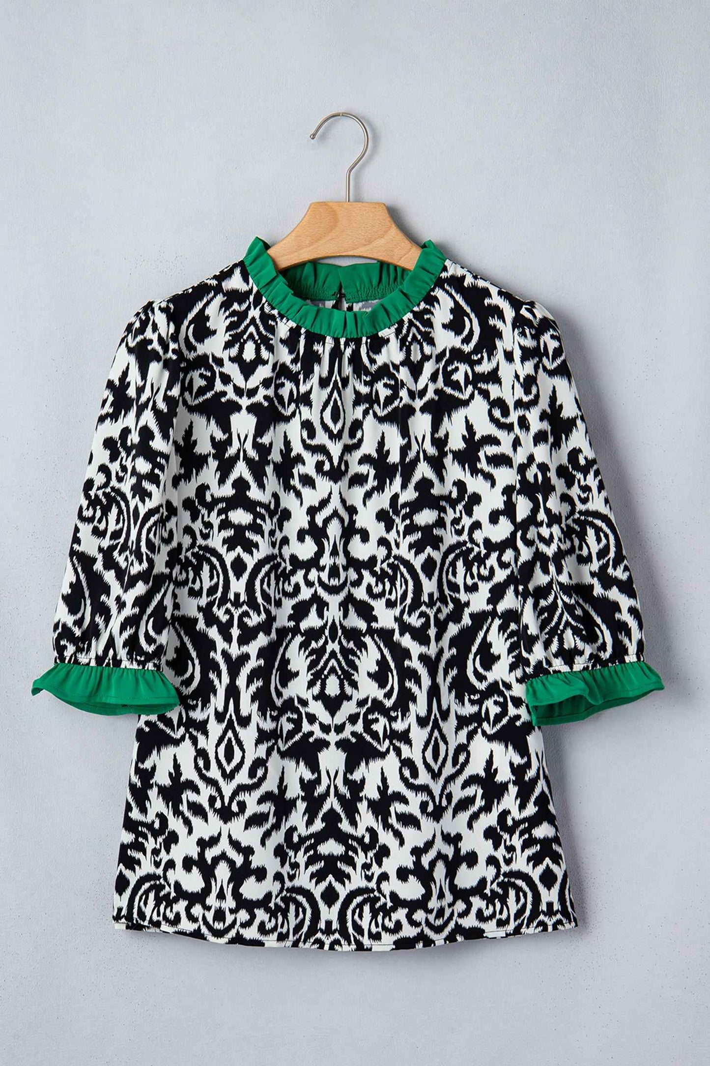 Green Damask Print Ruffled Color Block Detail Half Sleeve Blouse