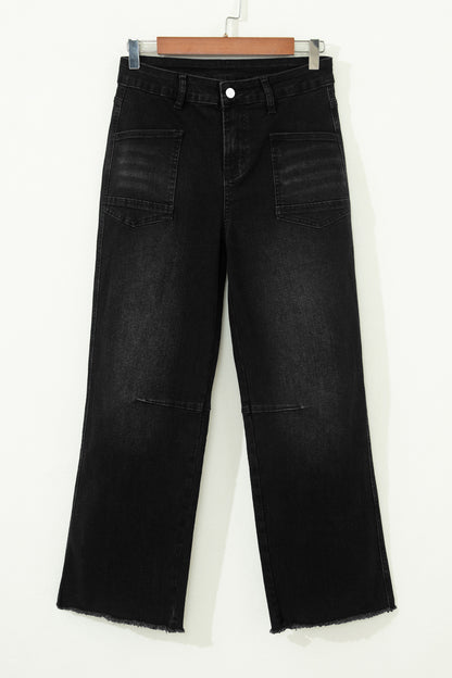 Black Frayed Cropped Straight Jeans