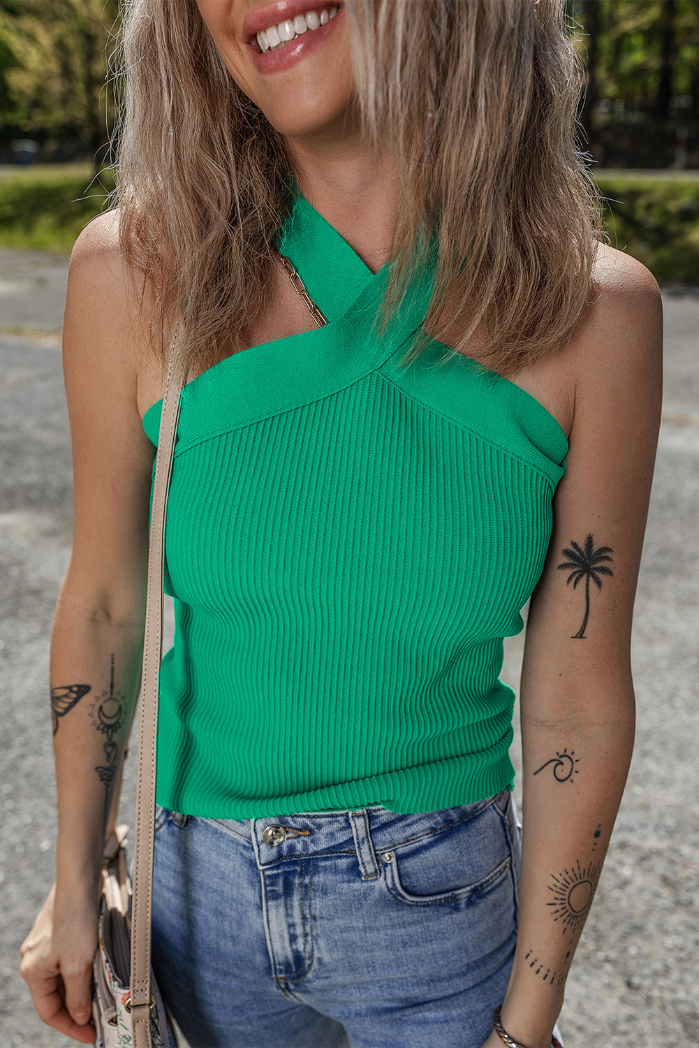 Dark Green Ribbed Criss Cross Halter Neck Sheath Sweater Tank Top - Snoopy's Closet