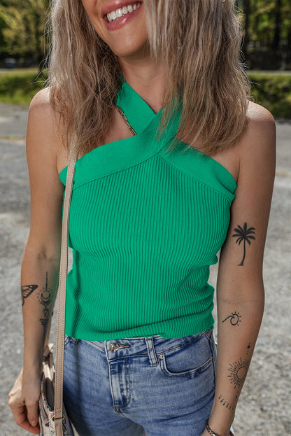 Dark Green Ribbed Criss Cross Halter Neck Sheath Sweater Tank Top - Snoopy's Closet