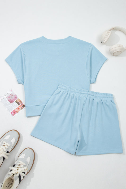 Conjunto de 2 piezas de camiseta holgada y shorts con cordón de color azul niebla