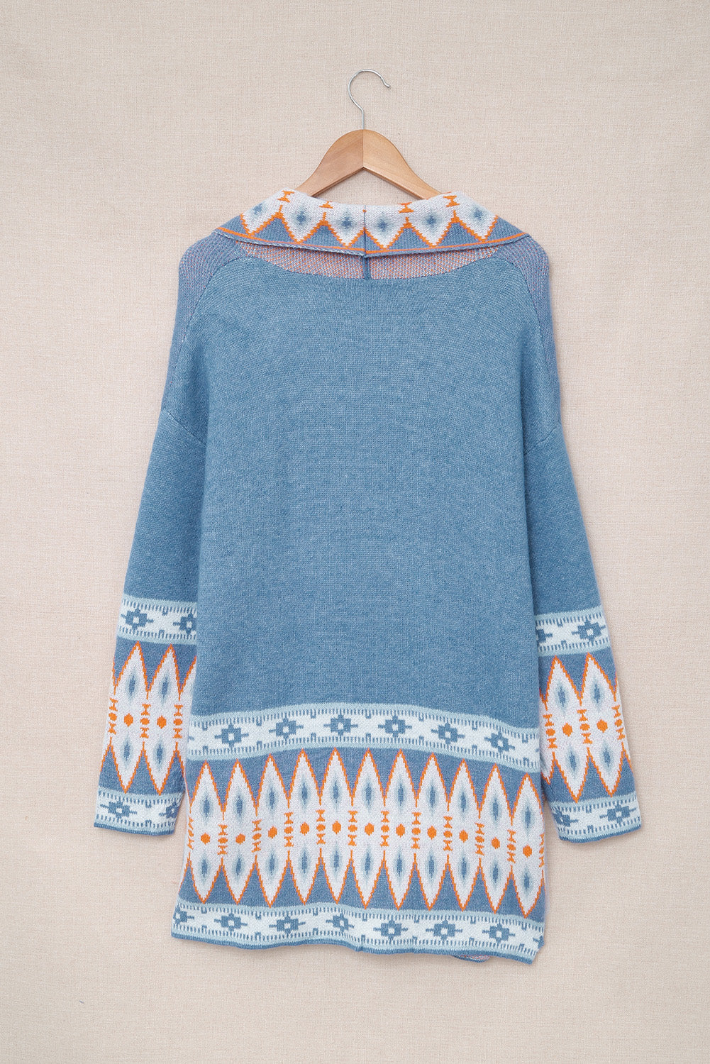Cárdigan de punto abierto con estampado azteca azul