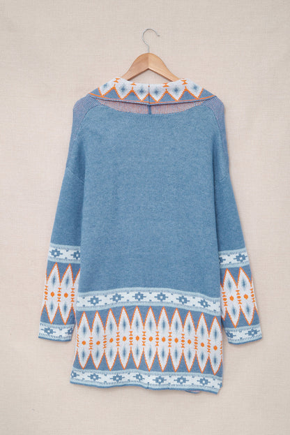 Cárdigan de punto abierto con estampado azteca azul