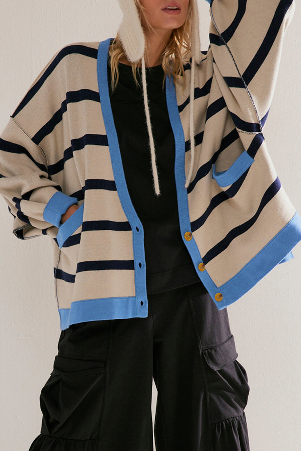 White Colorblock Drop Shoulder Buttoned Loose Cardigan - Snoopy's Closet