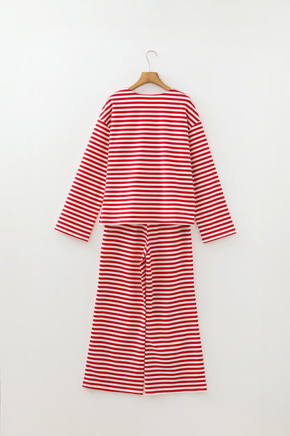 Red Stripe Drop Shoulder Long Sleeve Top Lounge Pants 2pcs Set - Snoopy's Closet