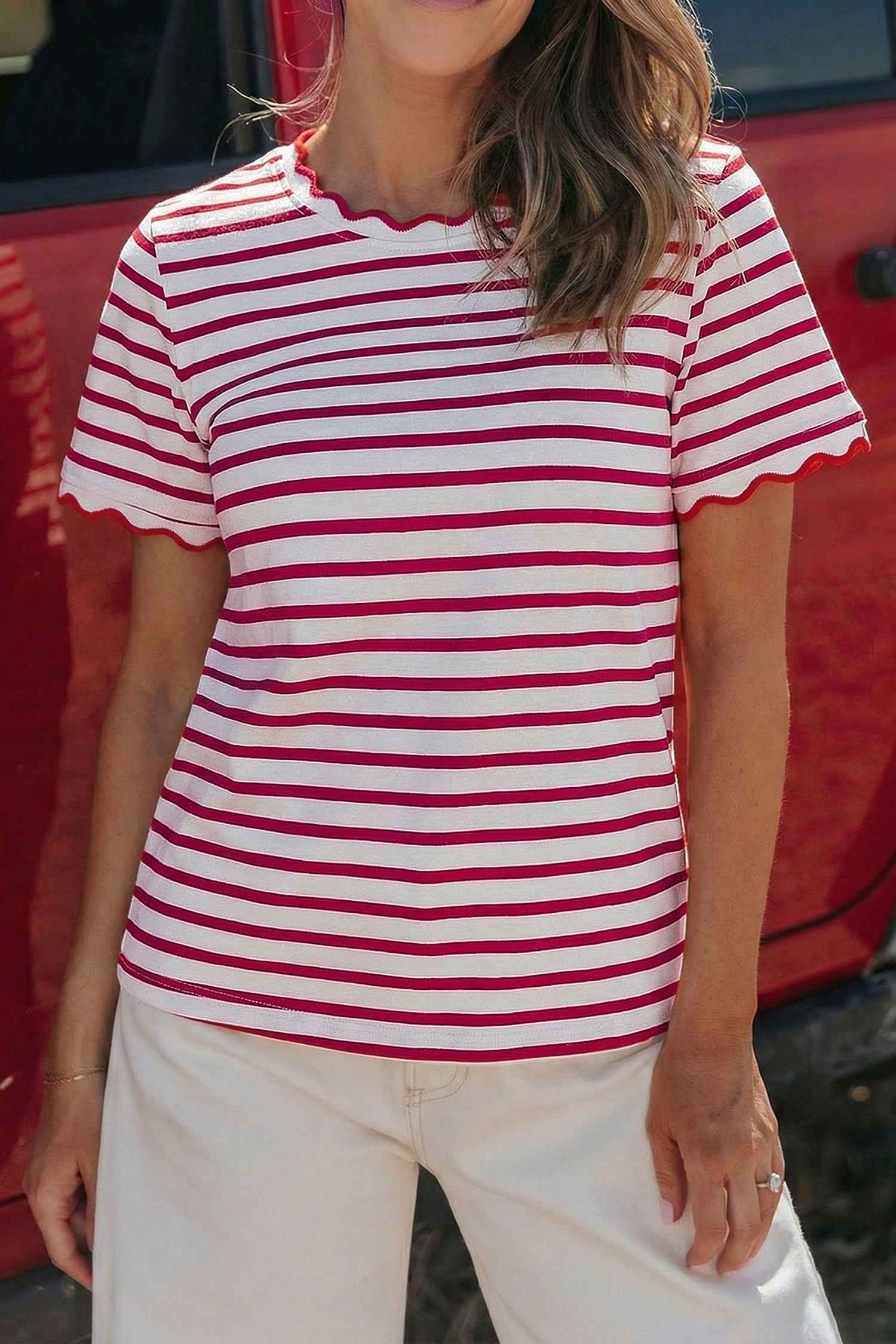 Green Stripe Scalloped Trim Round Neck T Shirt