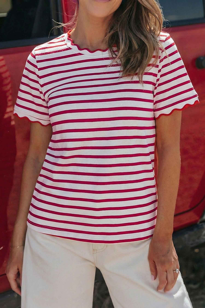 Green Stripe Scalloped Trim Round Neck T Shirt