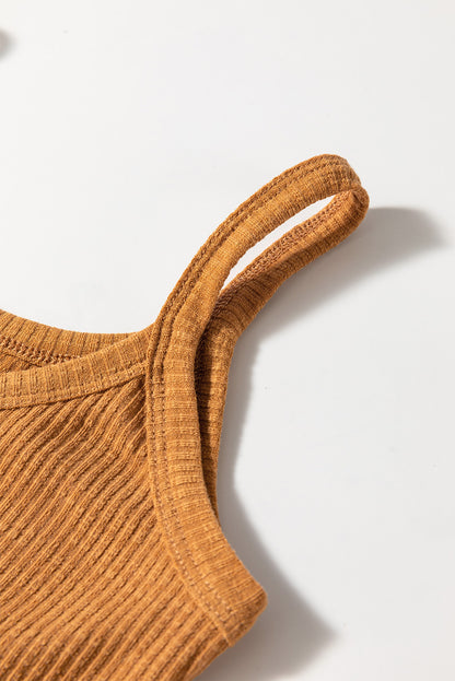 Straw Yellow Ribbed Front Knot Buttoned Thin Strap Tank Top - Snoopy's Closet