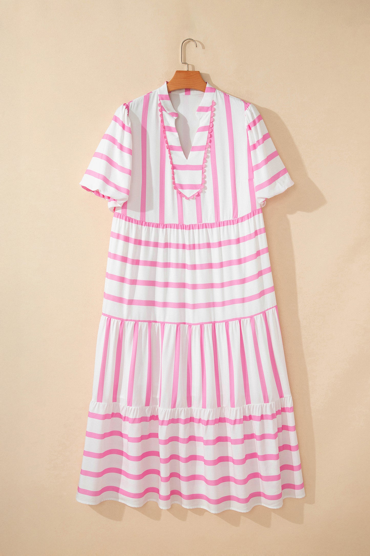 Pink Stripe Plus Size V Neck Short Puff Sleeve Tiered Maxi Dress - Snoopy's Closet