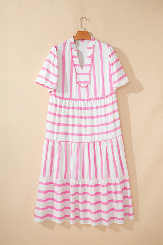 Pink Stripe Plus Size V Neck Short Puff Sleeve Tiered Maxi Dress - Snoopy's Closet