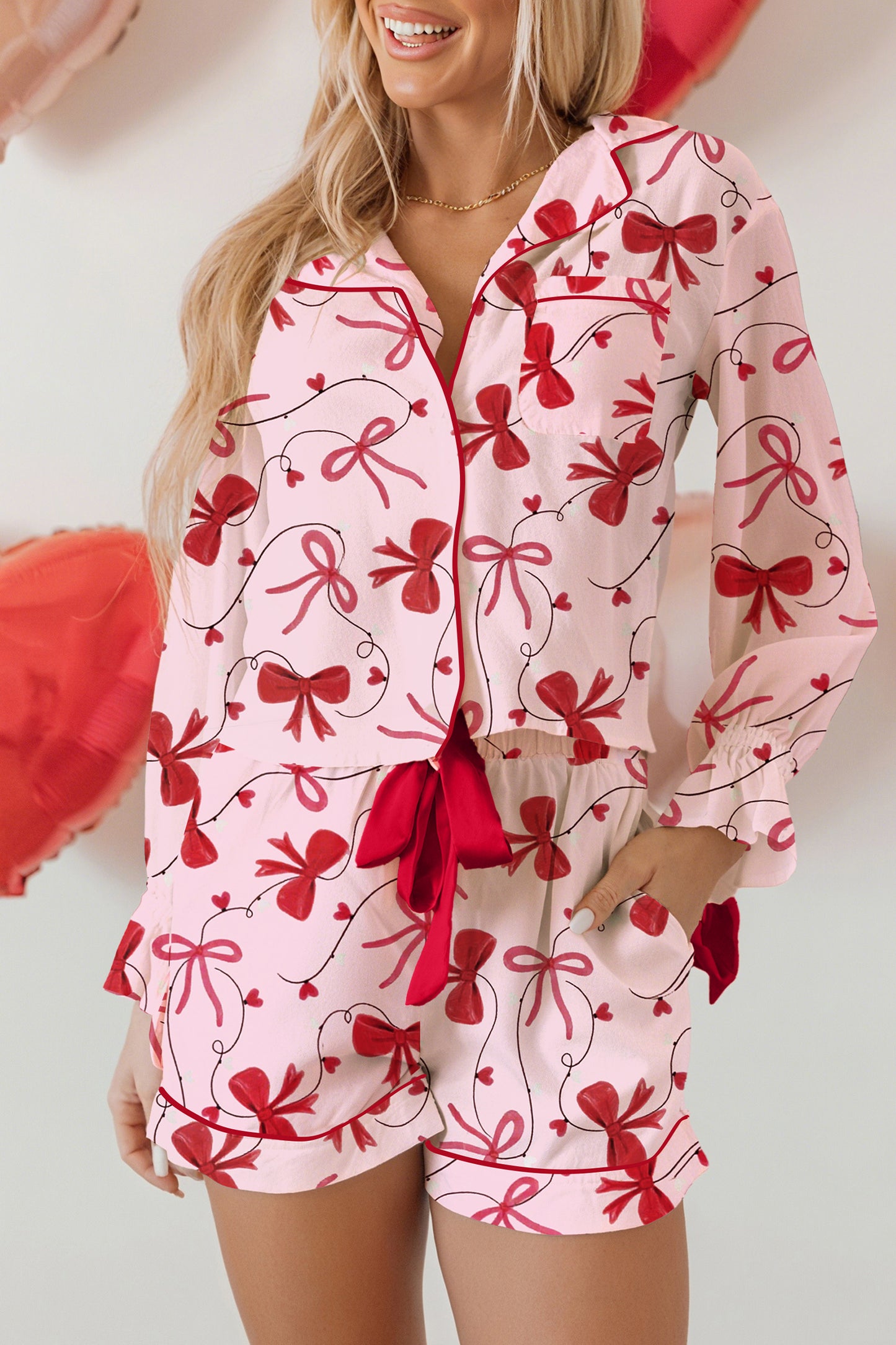 Red Bow Print Valentine Long Sleeve Shirt Shorts 2 Pcs Pajama Set - Snoopy's Closet