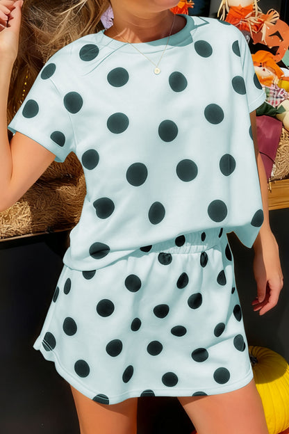 Sky Blue Polka Dot Short Sleeve Top Casual Skort 2pcs Outfit - Snoopy's Closet