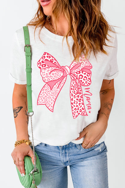 Camiseta de Moda para el Día de la Madre con Gráfico de Lazo y Leopardo Blanco