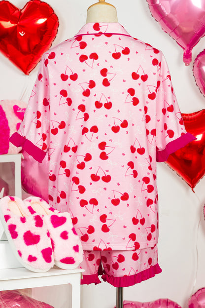 Conjunto corto de pijama con estampado mixto de cerezas y lazo con borde festoneado