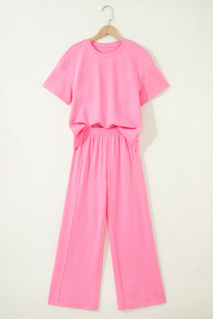 Sachet Pink Solid Cover Oversize Tee Pocketed Casual Pants 2pcs Outfit - Snoopy's Closet