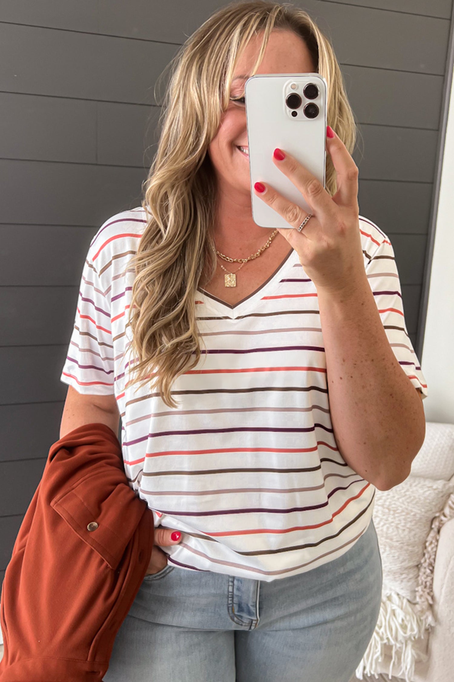 White Stripe V Neck Casual Plus Size Tee - Snoopy's Closet