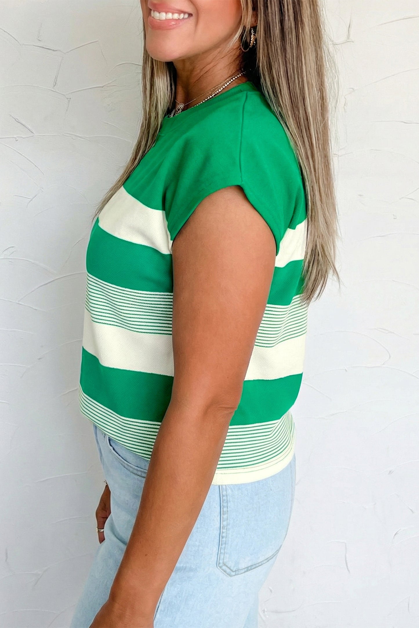 Green Stripe Mixed Print Crew Neck Cap Sleeve T Shirt - Snoopy's Closet