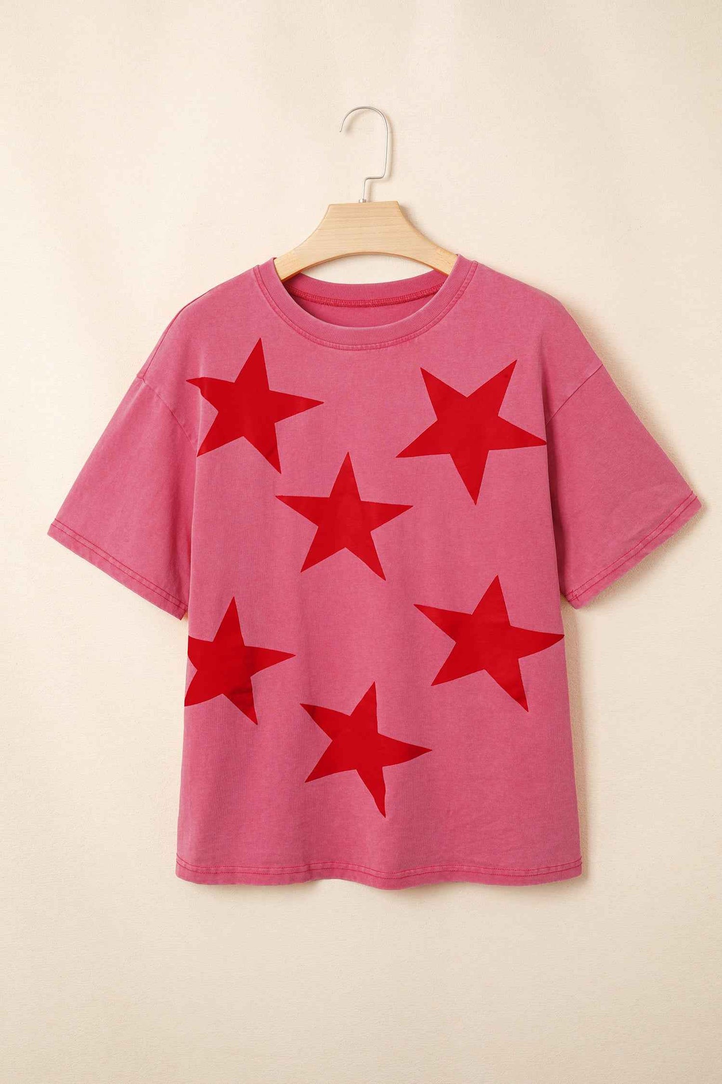 Red Independence Day Star Printed Mineral Wash T Shirt