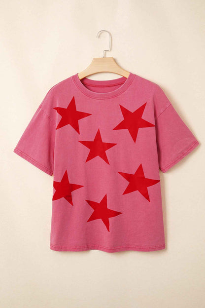 Red Independence Day Star Printed Mineral Wash T Shirt
