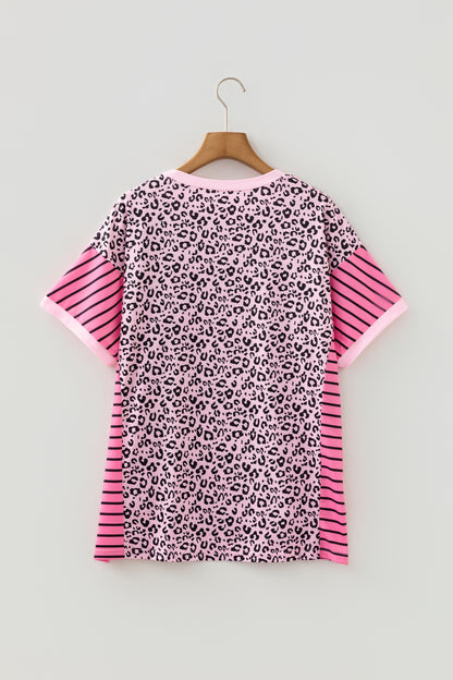 Pink Leopard Striped Patchwork Side Slit Loose Short Sleeve Top - Snoopy's Closet