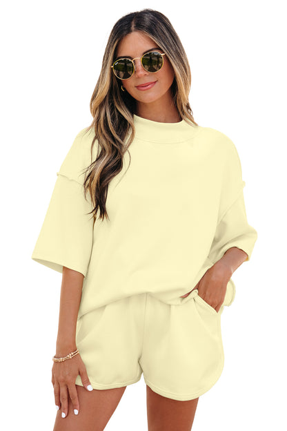 Moonlight Jade Solid Color Exposed Seam Mock Neck Oversize Tee Casual Shorts 2pcs Outfit - Snoopy's Closet
