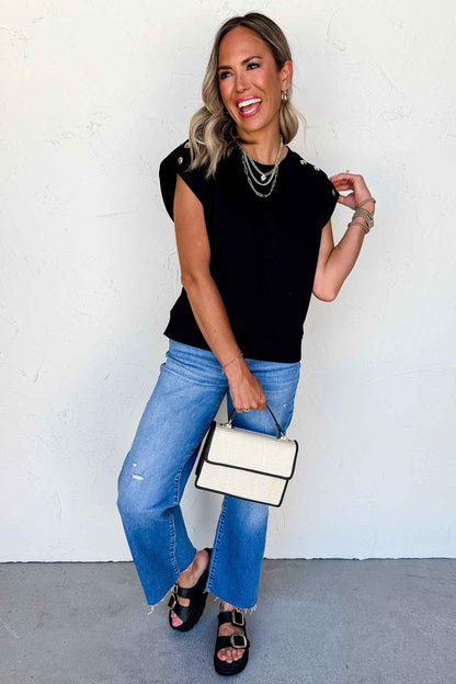 Black Casual Solid Short Sleeve Top with Metal Button Details Key Features