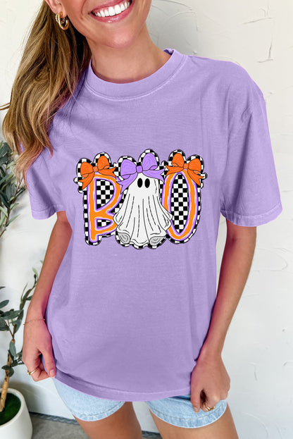 Camiseta gráfica de Halloween con fantasma y lazo a cuadros de glicina Boo