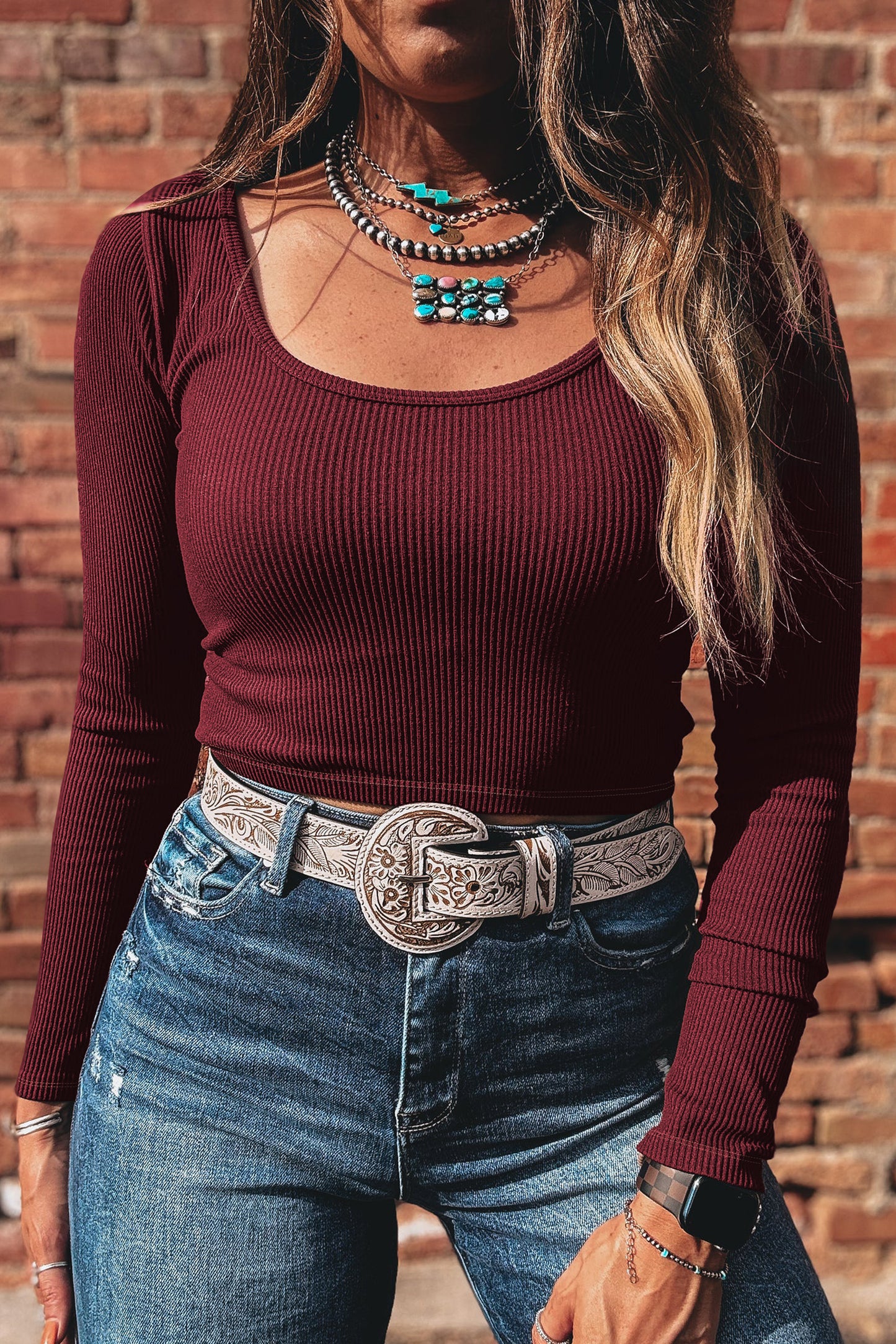 Coffee Ribbed Solid Color U Neck Cropped Long Sleeve Top - Snoopy's Closet