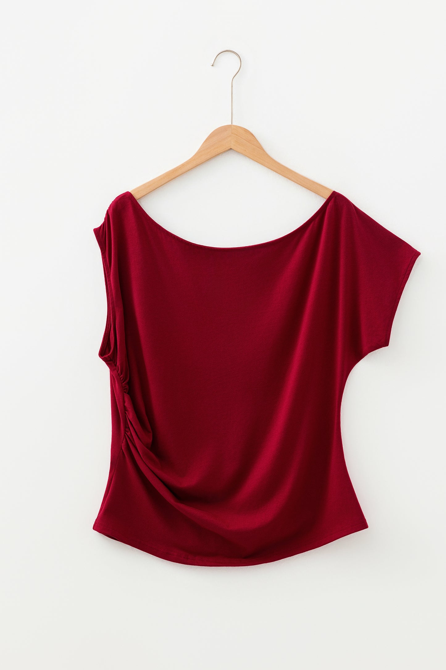 Burgundy Plus Size Solid Color Asymmetric Neck Short Sleeve Blouse - Snoopy's Closet