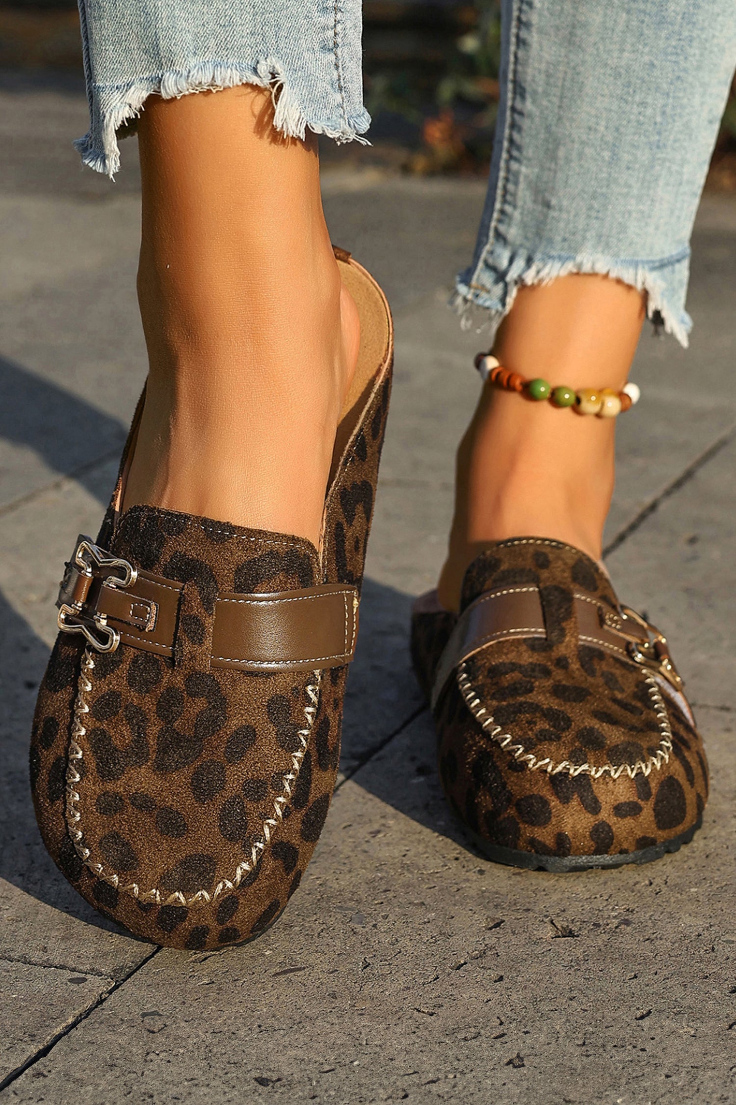 Coffee Faux Suede Cute Buckle PU Leather Strap Mule Slippers - Snoopy's Closet