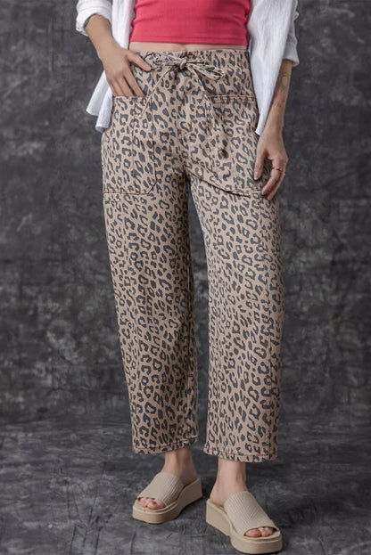 Khaki Leopard Printed Drawstring Elastic Waistband Pocketed Barrel Jeans - Snoopy's Closet